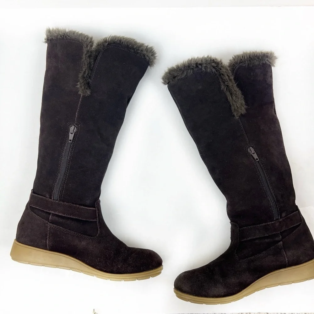 Lands End Mendota Suede Tall Boots Faux Fur 7 Leather Chocolate Brown Cabincore